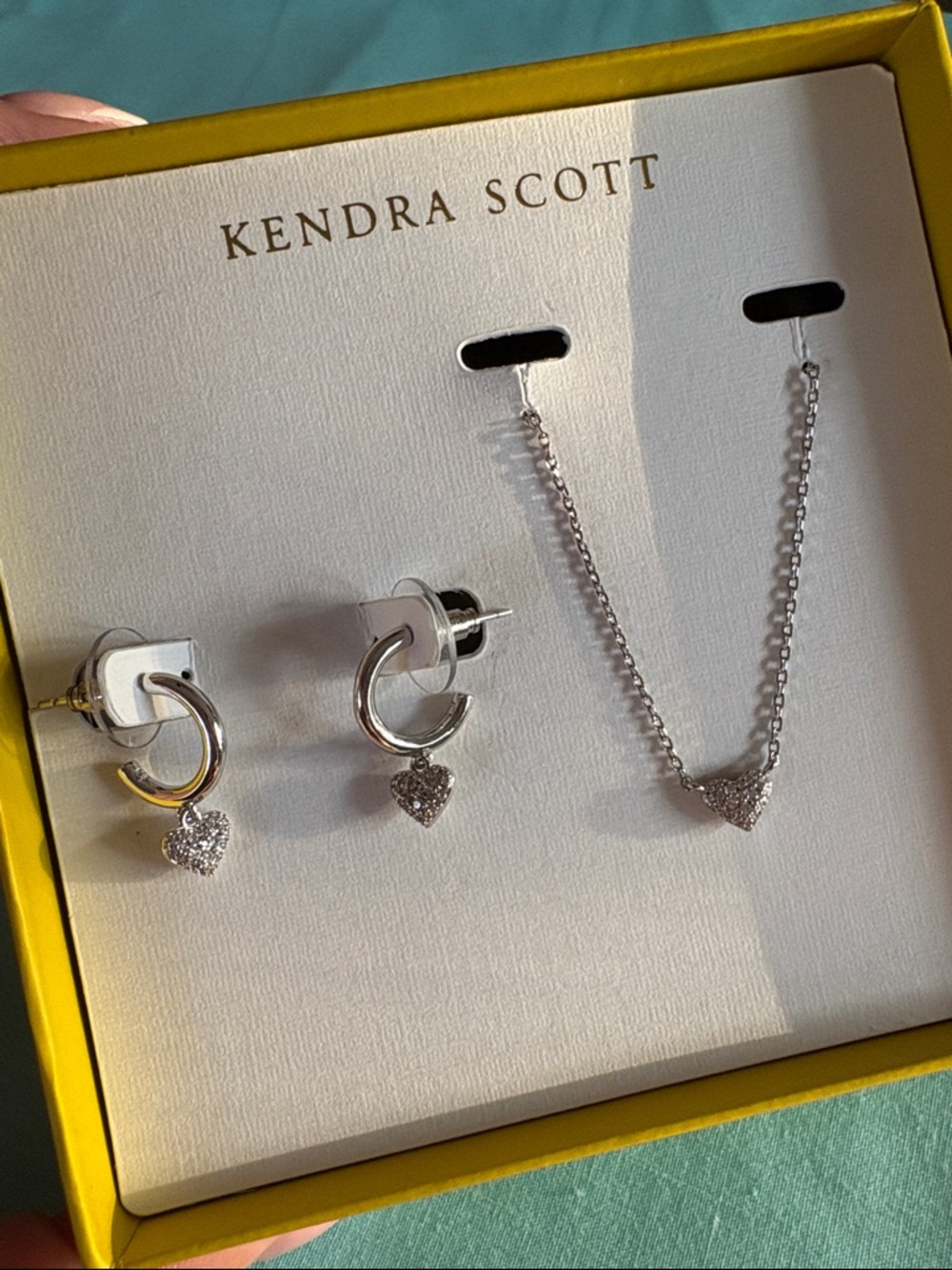 Kendra Scott Silver Heart Huggies earrings and Necklace Set New